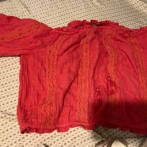 off the shoulder flowy burnt orange blouse